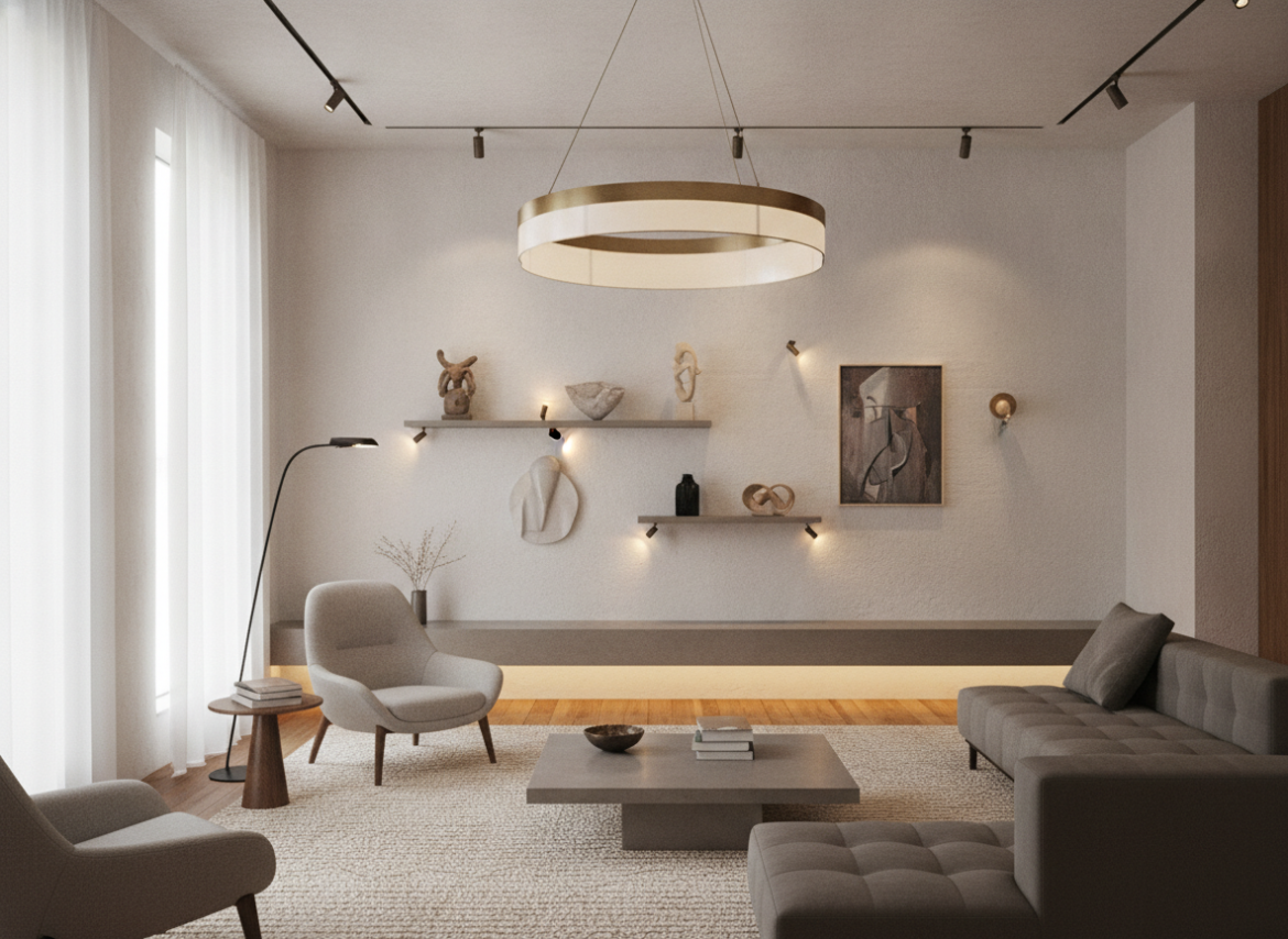 Woonkamer bij avond met een vloerlamp, tafellamp en gedimd plafondlicht