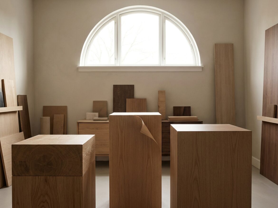 Kopse kanten van massief hout, fineer, melamine en gelakt MDF naast elkaar op een werkbank