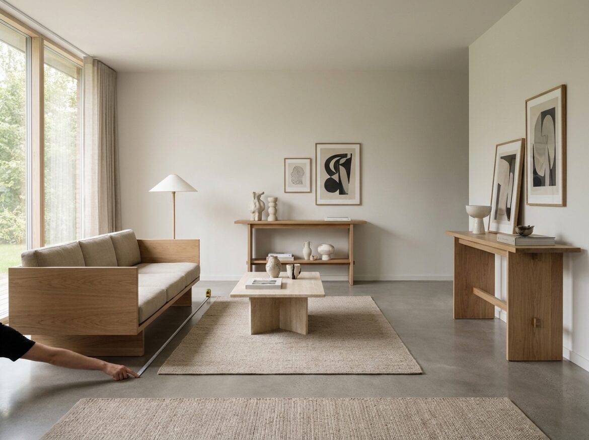 Woonkamer met een bank, salontafel en een ruim looppad ernaast
